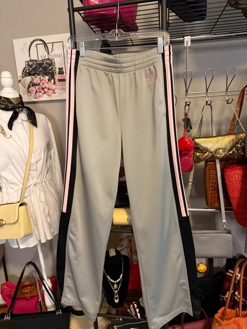 adidas Gray Sweatpants with Pink & Black Side Stripes